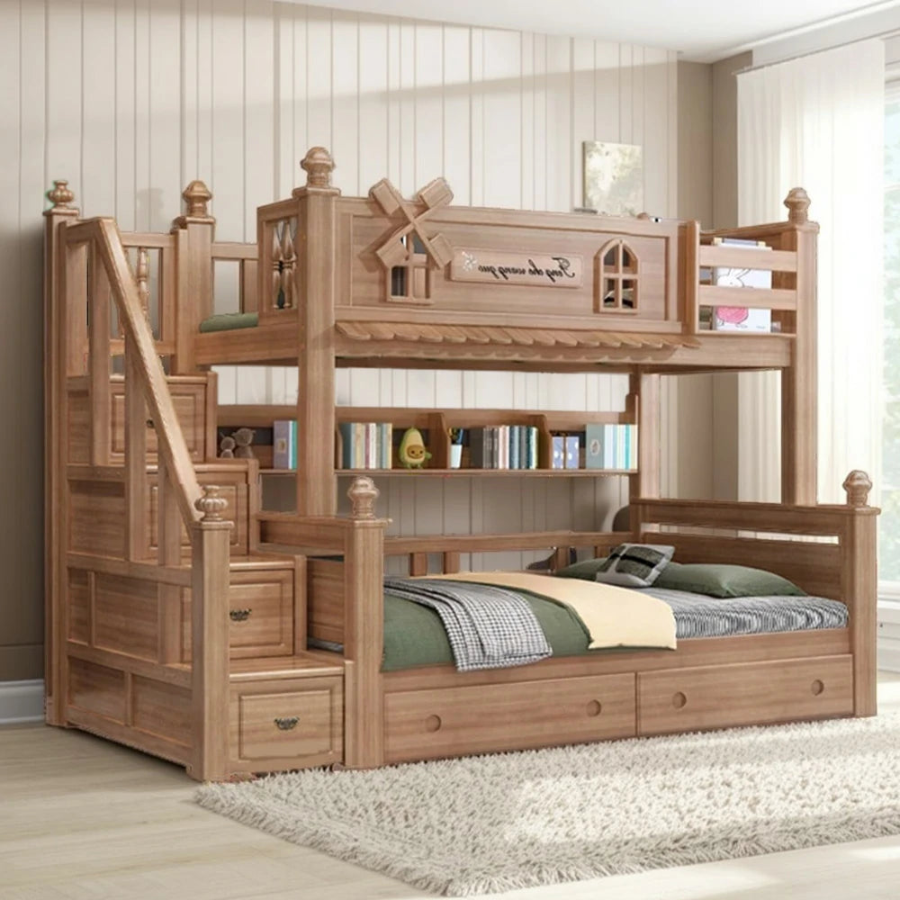 LUXORA 120/135/150/180cm Solid Wood Bunk Bed with Staircase Drawers & Included Mattress