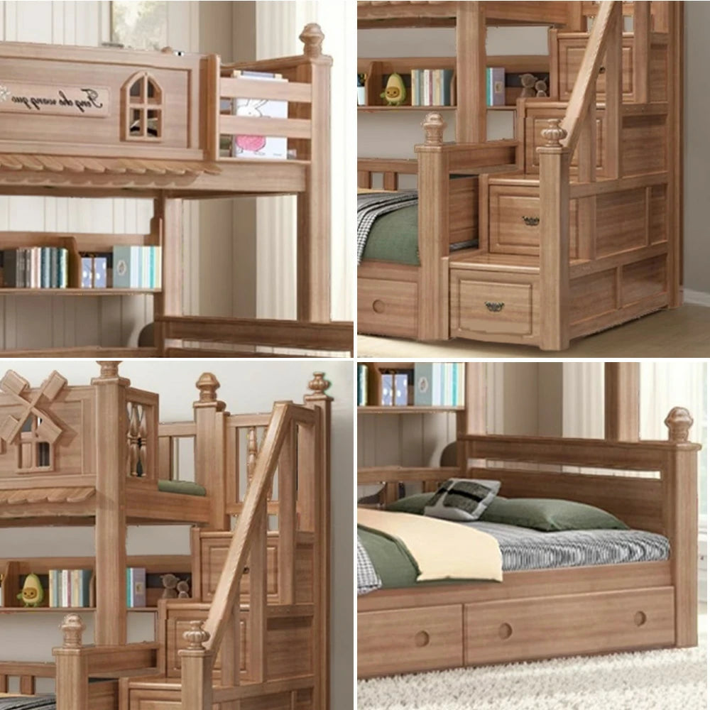 LUXORA 120/135/150/180cm Solid Wood Bunk Bed with Staircase Drawers & Included Mattress