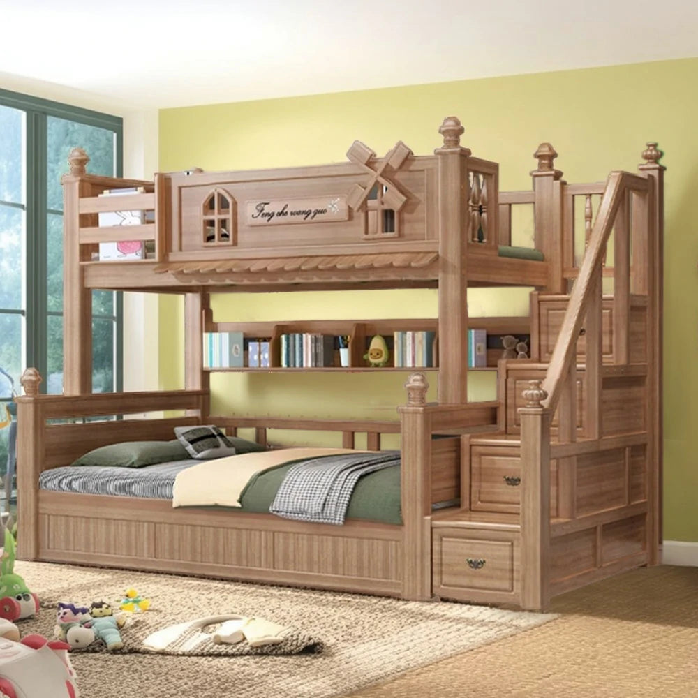 LUXORA 120/135/150/180cm Solid Wood Bunk Bed with Staircase Drawers & Included Mattress