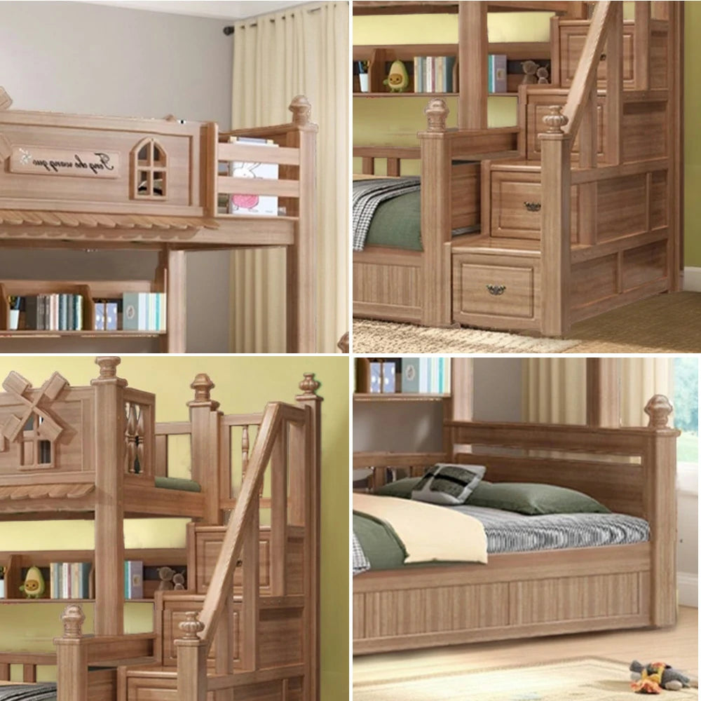 LUXORA 120/135/150/180cm Solid Wood Bunk Bed with Staircase Drawers & Included Mattress