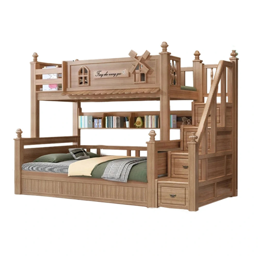 LUXORA 120/135/150/180cm Solid Wood Bunk Bed with Staircase Drawers & Included Mattress