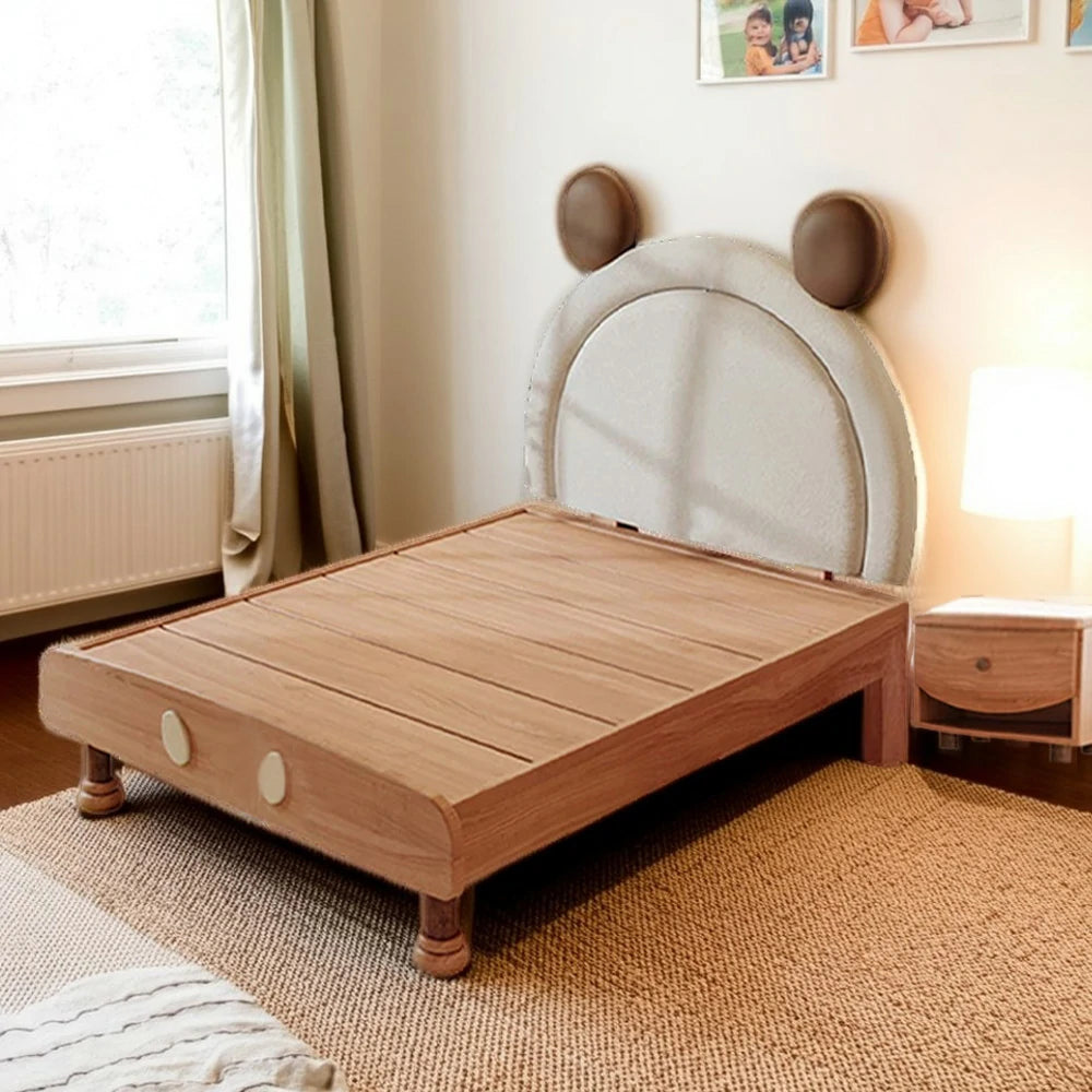 LUXORA 120/135/150/180cm Solid Wood Children's Bed Frame With Mouse Bedhead Soft Backrest