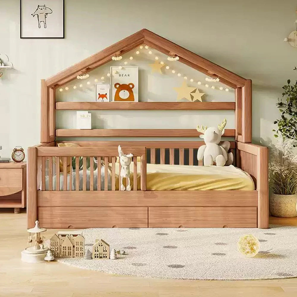 LUXORA 120/135/150cm Solid Wood Frame Children'S Treehouse Bed With Guardrail