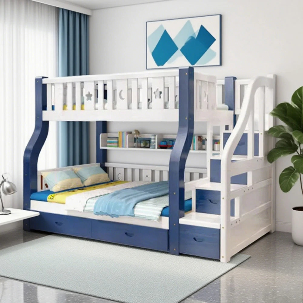 LUXORA 120/135/150/180cm Solid Wood Frame Bunk Bed Ladder Cabinet - Blue