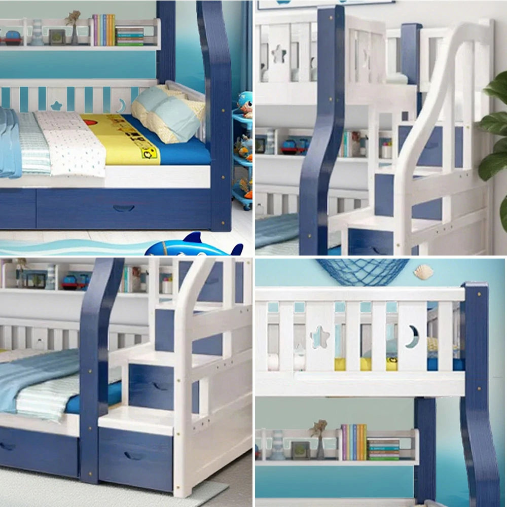 LUXORA 120/135/150/180cm Solid Wood Frame Bunk Bed Ladder Cabinet - Blue