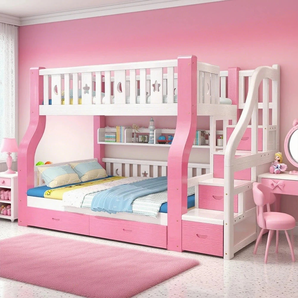 LUXORA 120/135/150/180cm Solid Wood Frame Bunk Bed Ladder Cabinet - Pink