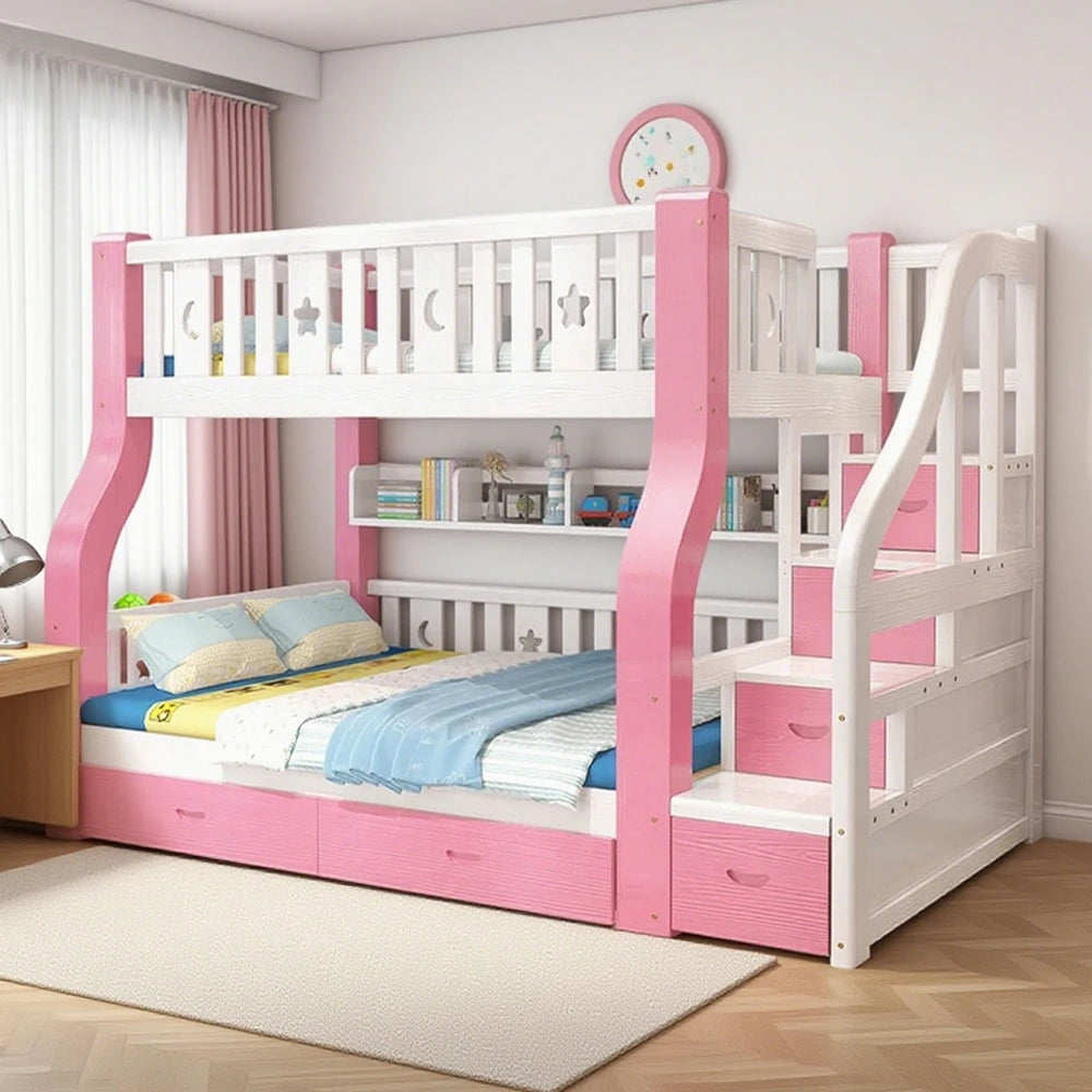 LUXORA 120/135/150/180cm Solid Wood Frame Bunk Bed Ladder Cabinet - Pink