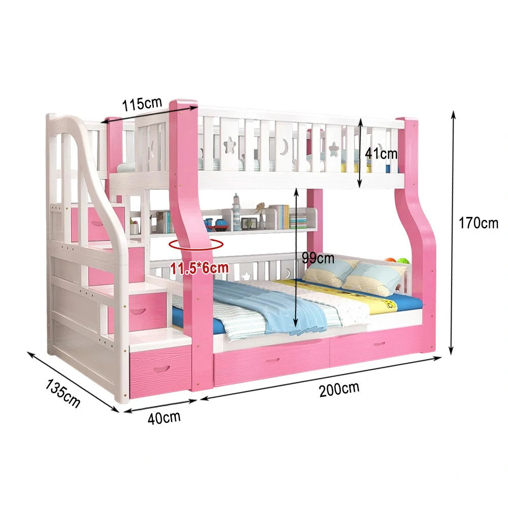 LUXORA 120/135/150/180cm Solid Wood Frame Bunk Bed Ladder Cabinet - Pink