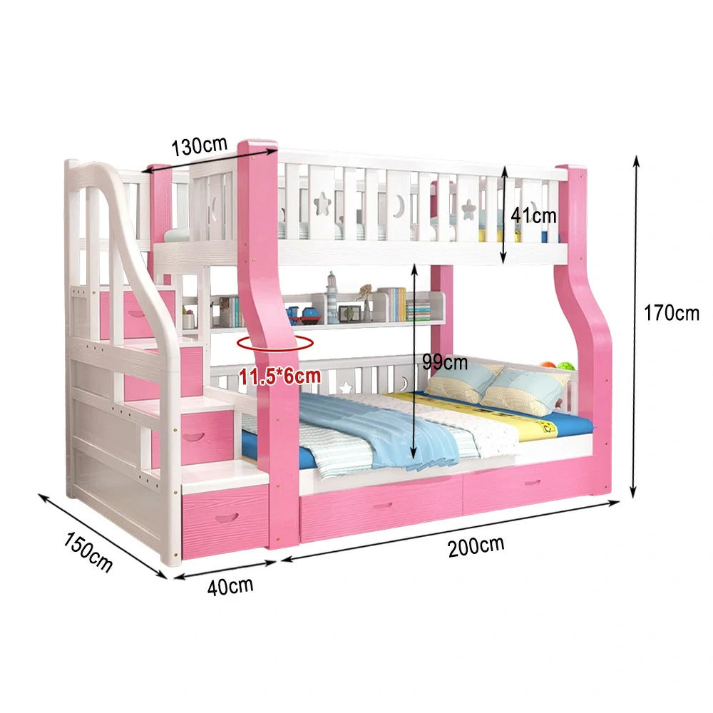 LUXORA 120/135/150/180cm Solid Wood Frame Bunk Bed Ladder Cabinet - Pink