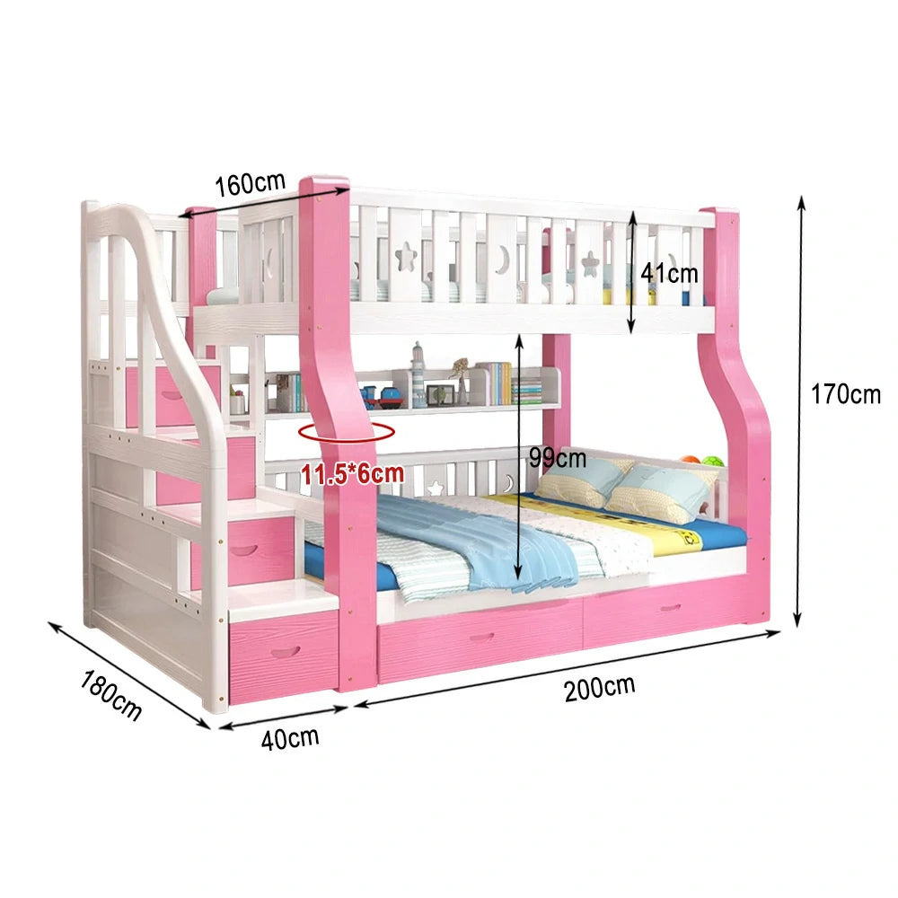 LUXORA 120/135/150/180cm Solid Wood Frame Bunk Bed Ladder Cabinet - Pink