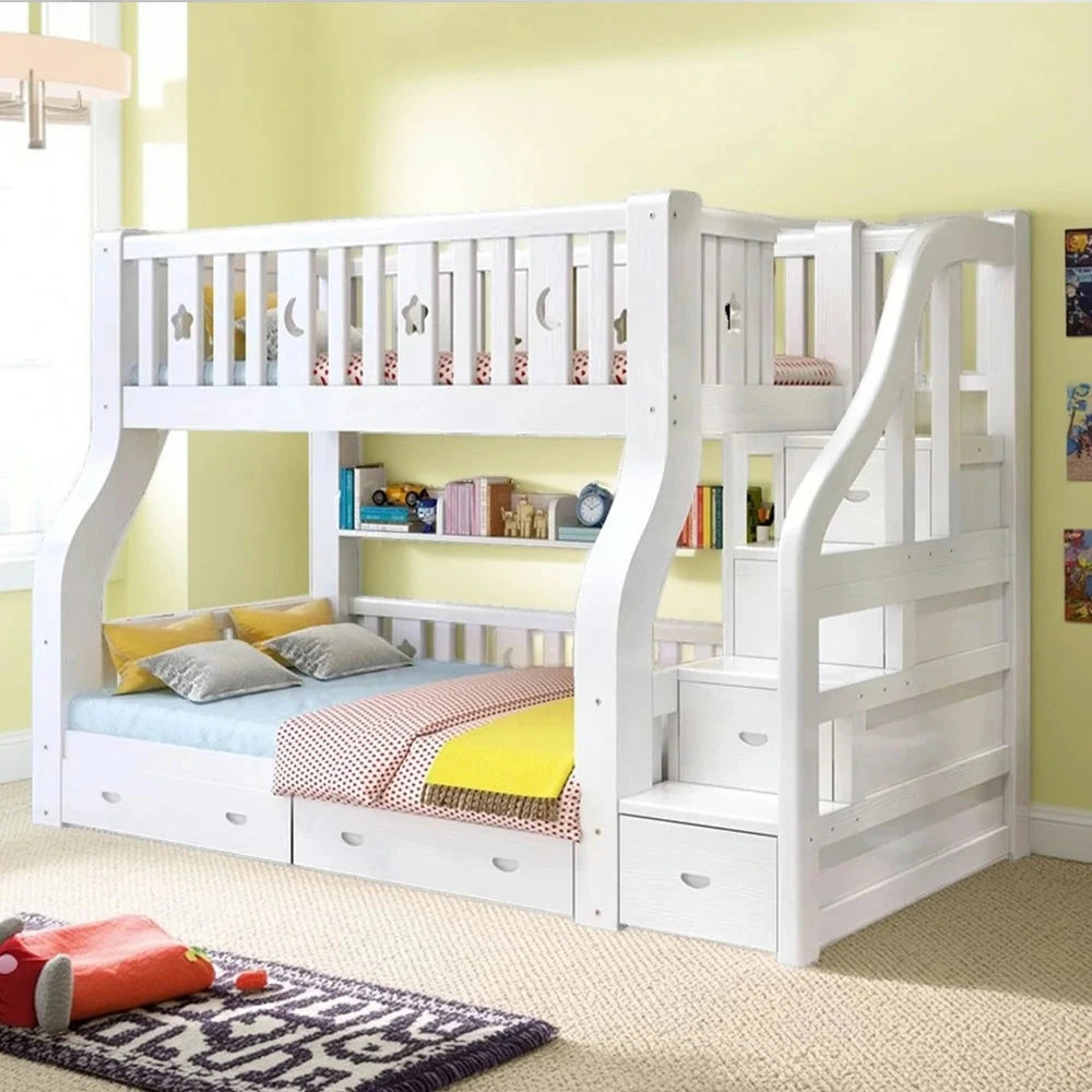 LUXORA 120/135/150/180cm Solid Wood Frame Bunk Bed Ladder Cabinet - White