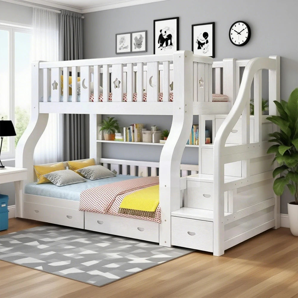 LUXORA 120/135/150/180cm Solid Wood Frame Bunk Bed Ladder Cabinet - White