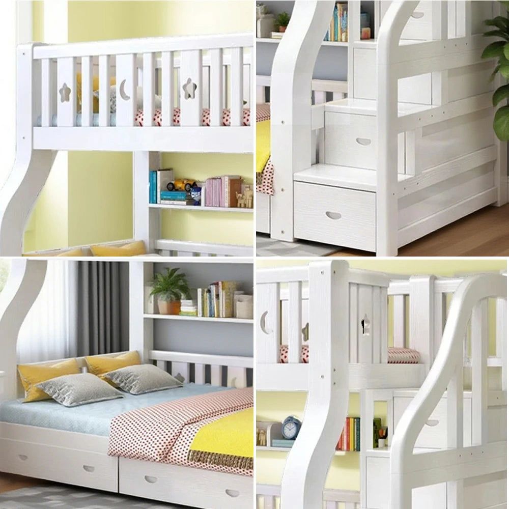LUXORA 120/135/150/180cm Solid Wood Frame Bunk Bed Ladder Cabinet - White