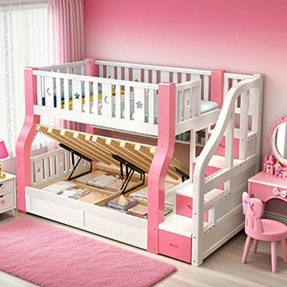 LUXORA 120/135/150/180cm Solid Wood Frame Bunk Bed Storage Ladder Cabinet - Pink
