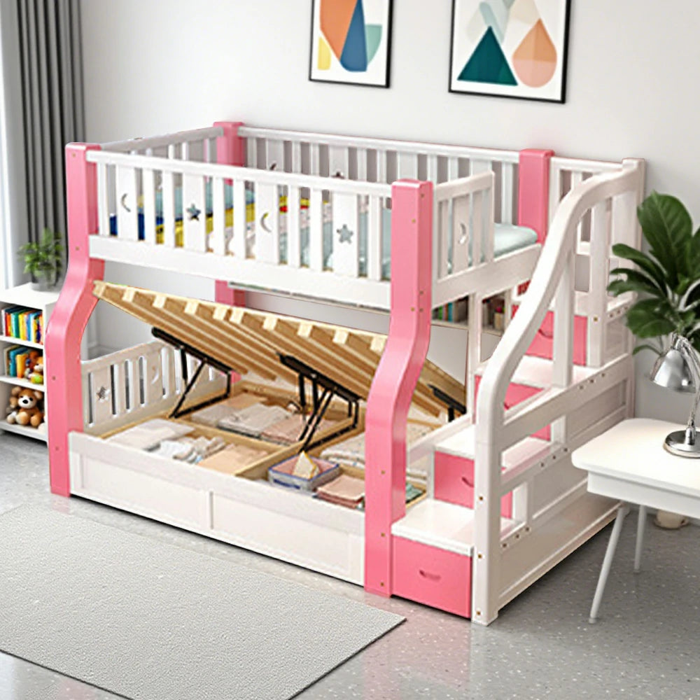LUXORA 120/135/150/180cm Solid Wood Frame Bunk Bed Storage Ladder Cabinet - Pink