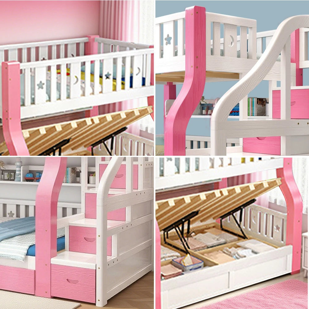 LUXORA 120/135/150/180cm Solid Wood Frame Bunk Bed Storage Ladder Cabinet - Pink