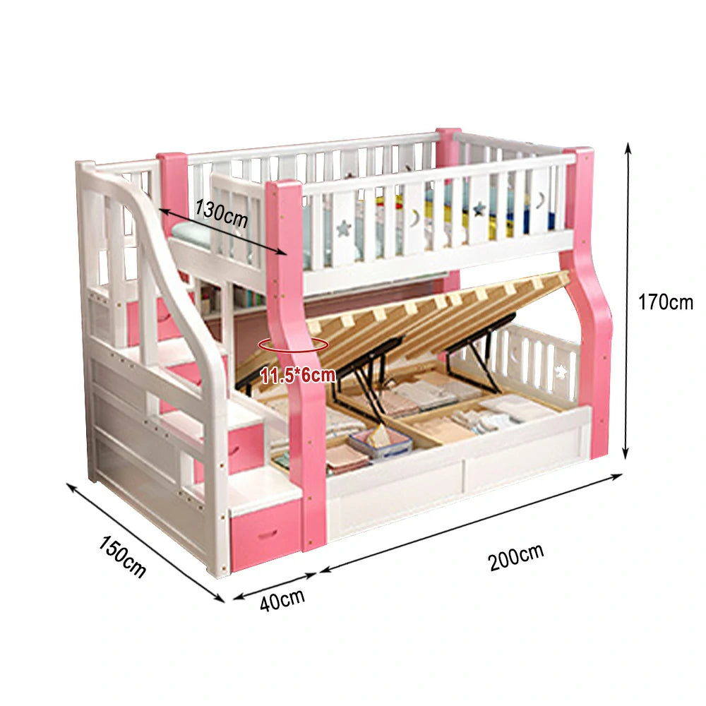 LUXORA 120/135/150/180cm Solid Wood Frame Bunk Bed Storage Ladder Cabinet - Pink