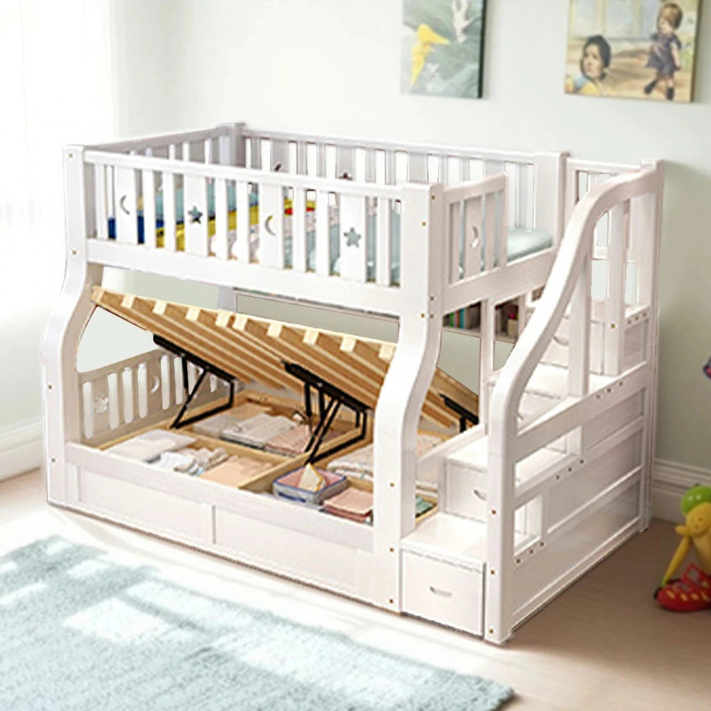 LUXORA 120/135/150/180cm Solid Wood Frame Bunk Bed Storage Ladder Cabinet - White