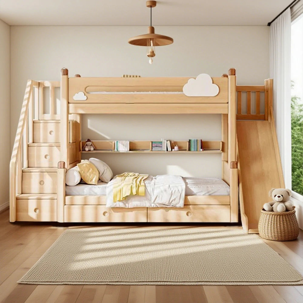 LUXORA 120/135/150/180cm Solid Wood Frame Bunk Bed Ladder Cabinet/Slide