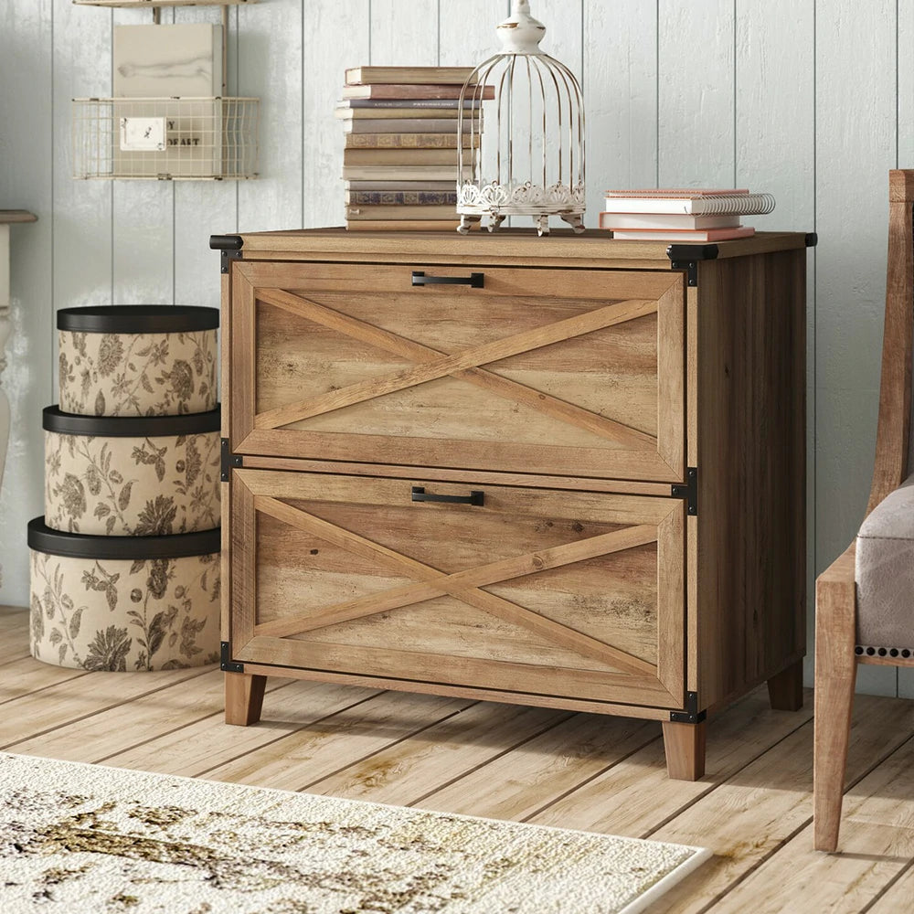 LIVARA 102 Lateral Filing Cabinet, Rustic Oak Finish, 2 Drawers with Hanging Bars, X-Cross Farmhouse Design, Industrial Style Storage for Home Office