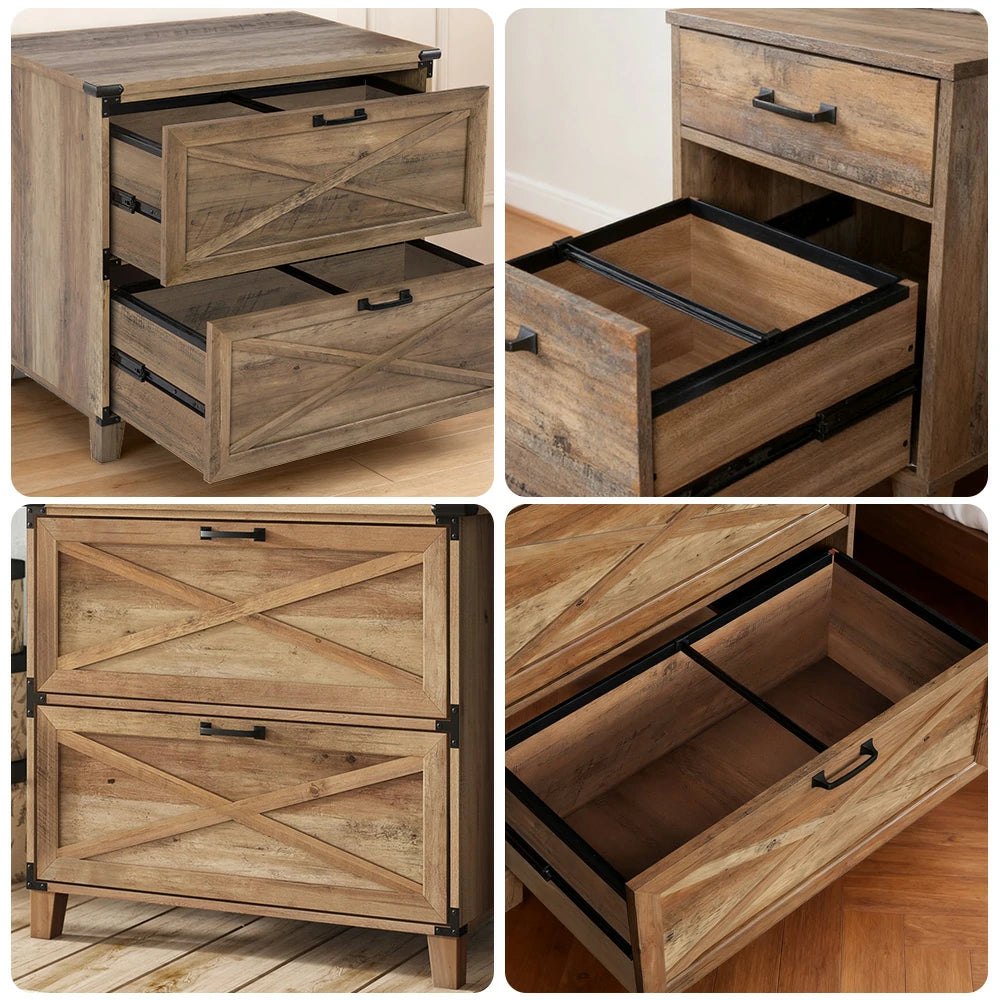 LIVARA 102 Lateral Filing Cabinet, Rustic Oak Finish, 2 Drawers with Hanging Bars, X-Cross Farmhouse Design, Industrial Style Storage for Home Office
