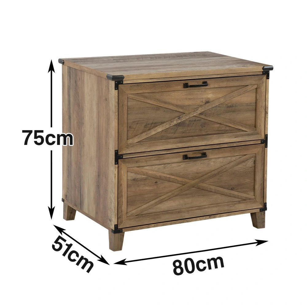 LIVARA 102 Lateral Filing Cabinet, Rustic Oak Finish, 2 Drawers with Hanging Bars, X-Cross Farmhouse Design, Industrial Style Storage for Home Office