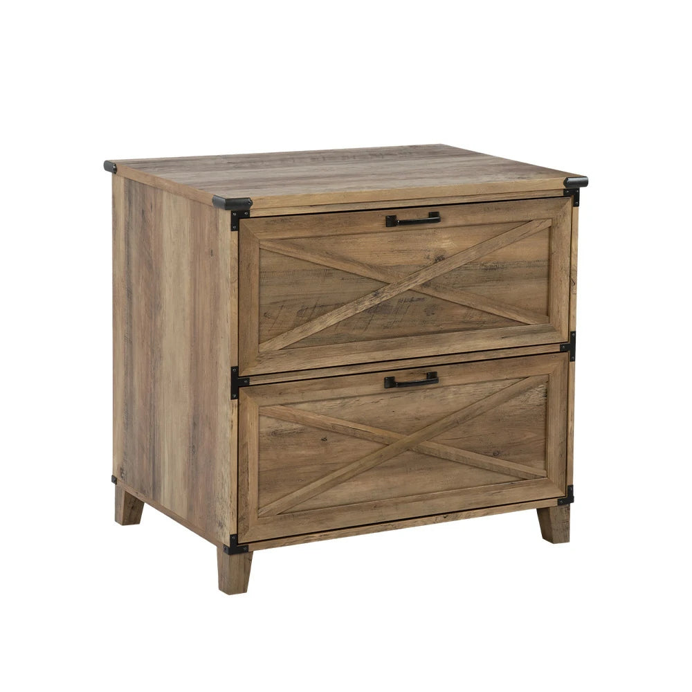 LIVARA 102 Lateral Filing Cabinet, Rustic Oak Finish, 2 Drawers with Hanging Bars, X-Cross Farmhouse Design, Industrial Style Storage for Home Office