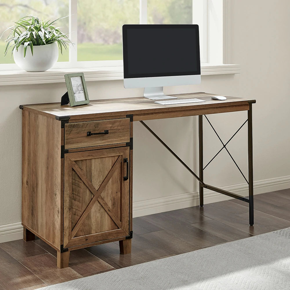 LIVARA 104 Writing Desk, Rustic Oak Finish, Drawer and Cabinet Storage, X-Metal Frame, Farmhouse Industrial Style, Compact Home Office Desk