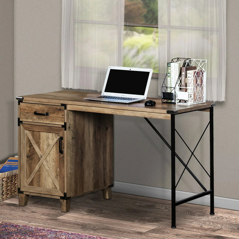 LIVARA 104 Writing Desk, Rustic Oak Finish, Drawer and Cabinet Storage, X-Metal Frame, Farmhouse Industrial Style, Compact Home Office Desk