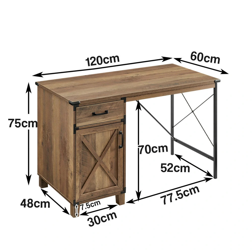LIVARA 104 Writing Desk, Rustic Oak Finish, Drawer and Cabinet Storage, X-Metal Frame, Farmhouse Industrial Style, Compact Home Office Desk