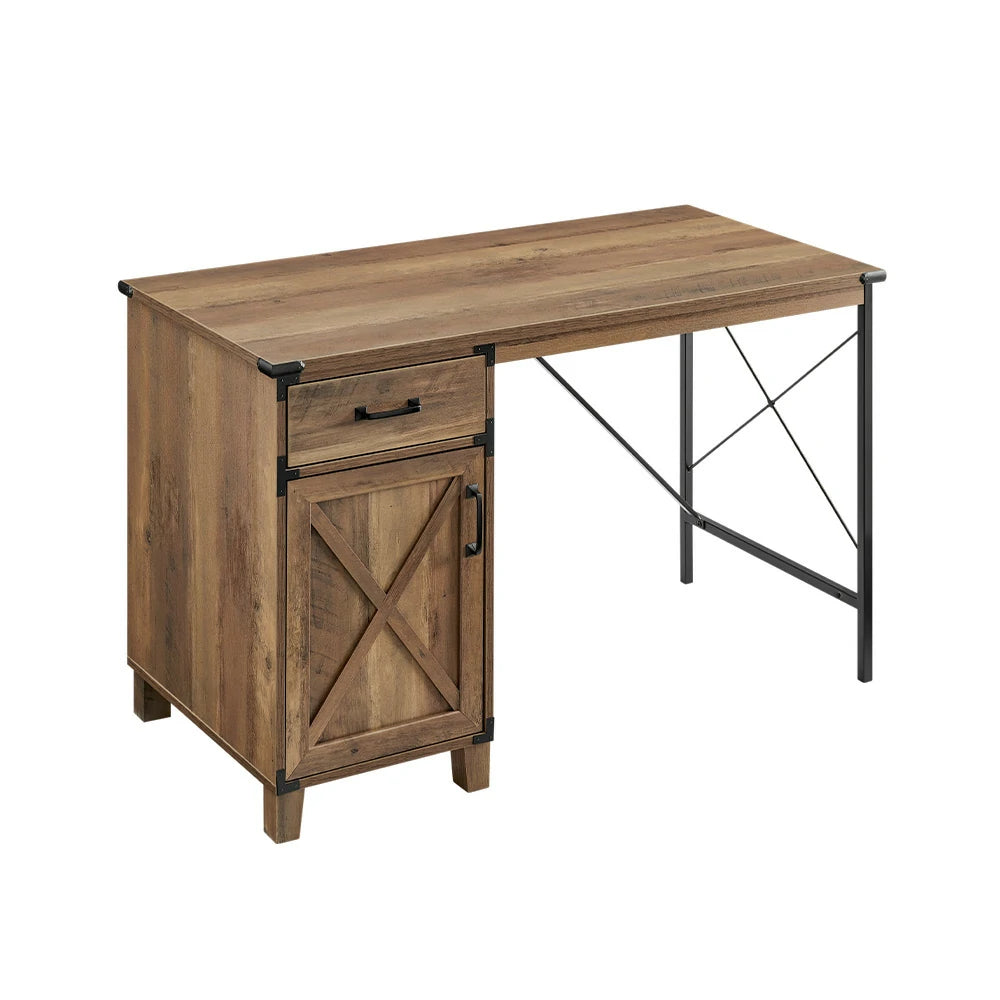 LIVARA 104 Writing Desk, Rustic Oak Finish, Drawer and Cabinet Storage, X-Metal Frame, Farmhouse Industrial Style, Compact Home Office Desk