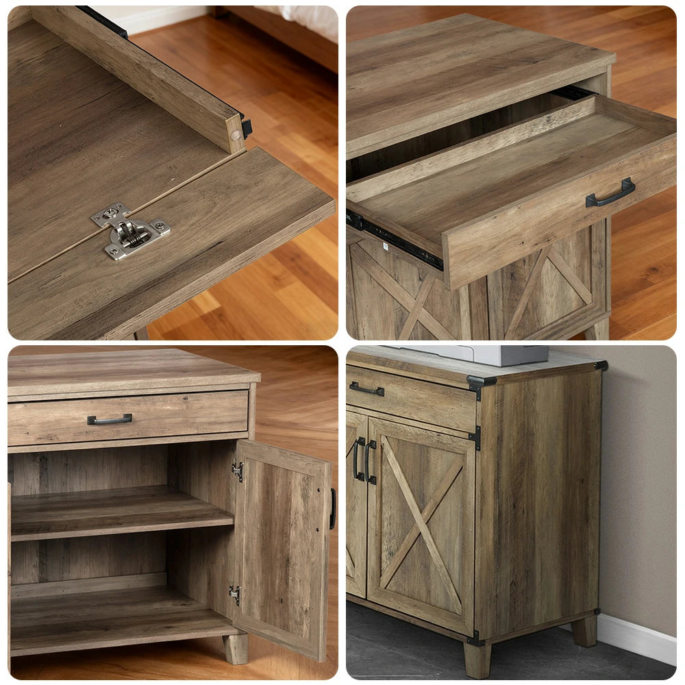 LIVARA 105 Laptop Cabinet Desk, Rustic Oak Finish, Sliding Shelf with Drawer and Storage Doors, X-Cross Design, Farmhouse Industrial Style, Home Office Furniture