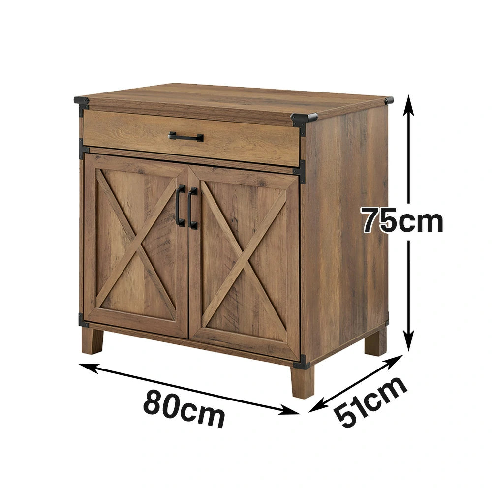 LIVARA 105 Laptop Cabinet Desk, Rustic Oak Finish, Sliding Shelf with Drawer and Storage Doors, X-Cross Design, Farmhouse Industrial Style, Home Office Furniture