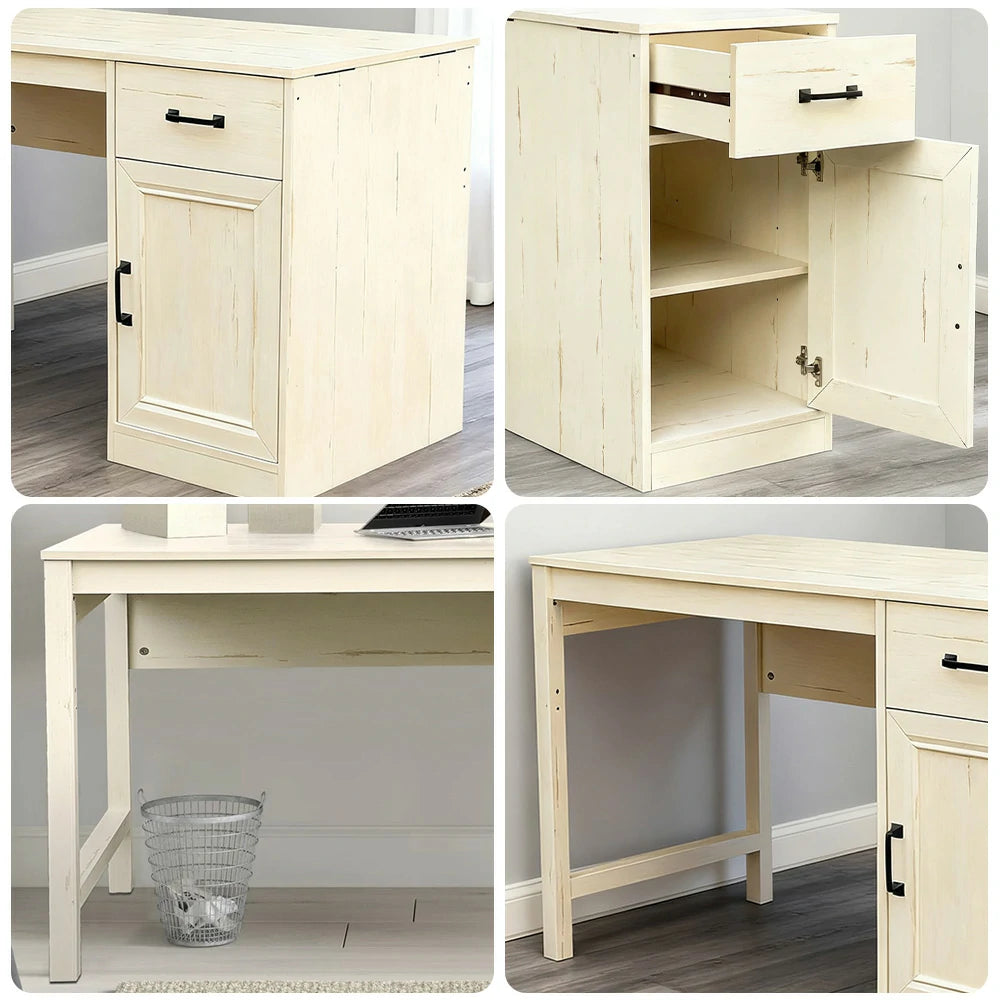 LIVARA 106 Reversible Writing Desk, Drawer and Cabinet Storage, Detachable Design, Coastal Farmhouse Style, Home Office Furniture - Beige