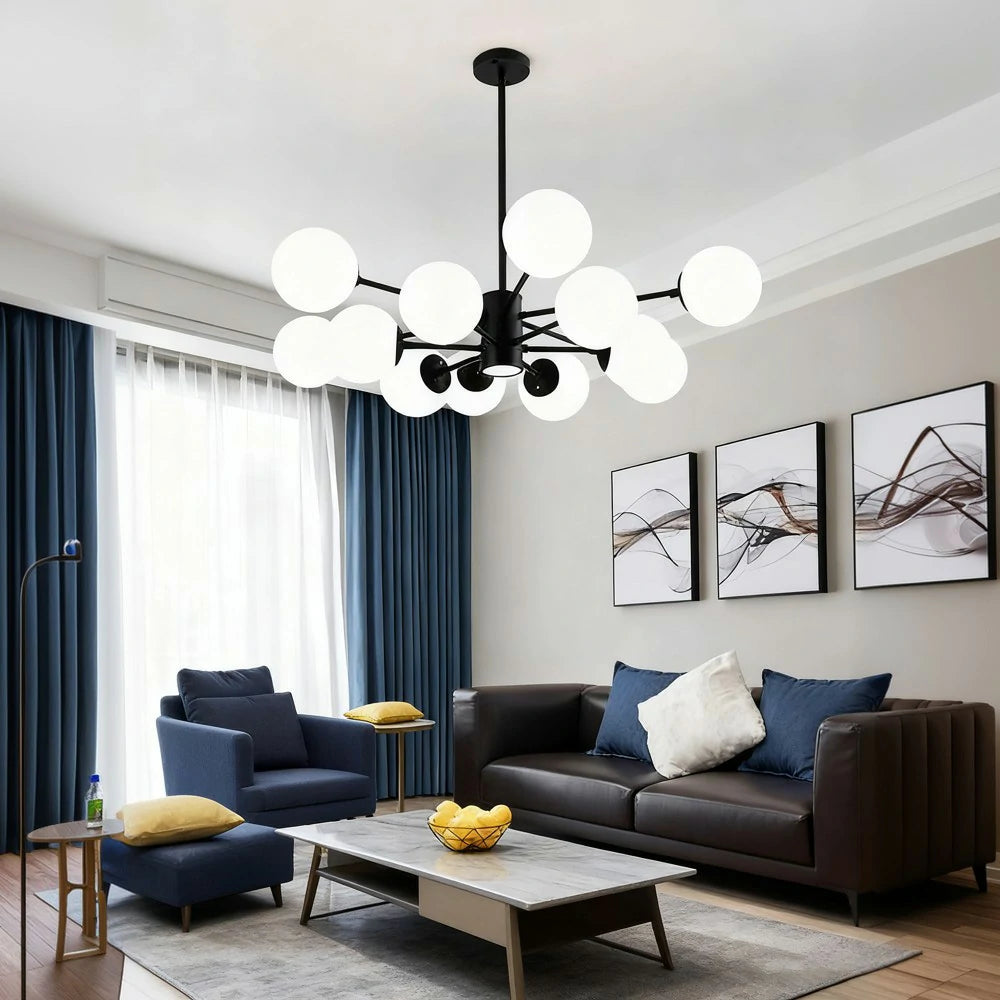 LIVARA 12-Head Black Opal Glass Pendant Light with 5W Tri-Color LED Bulbs Modern Iron & Glass Chandelier Adjustable Rod Design for Living & Dining Room