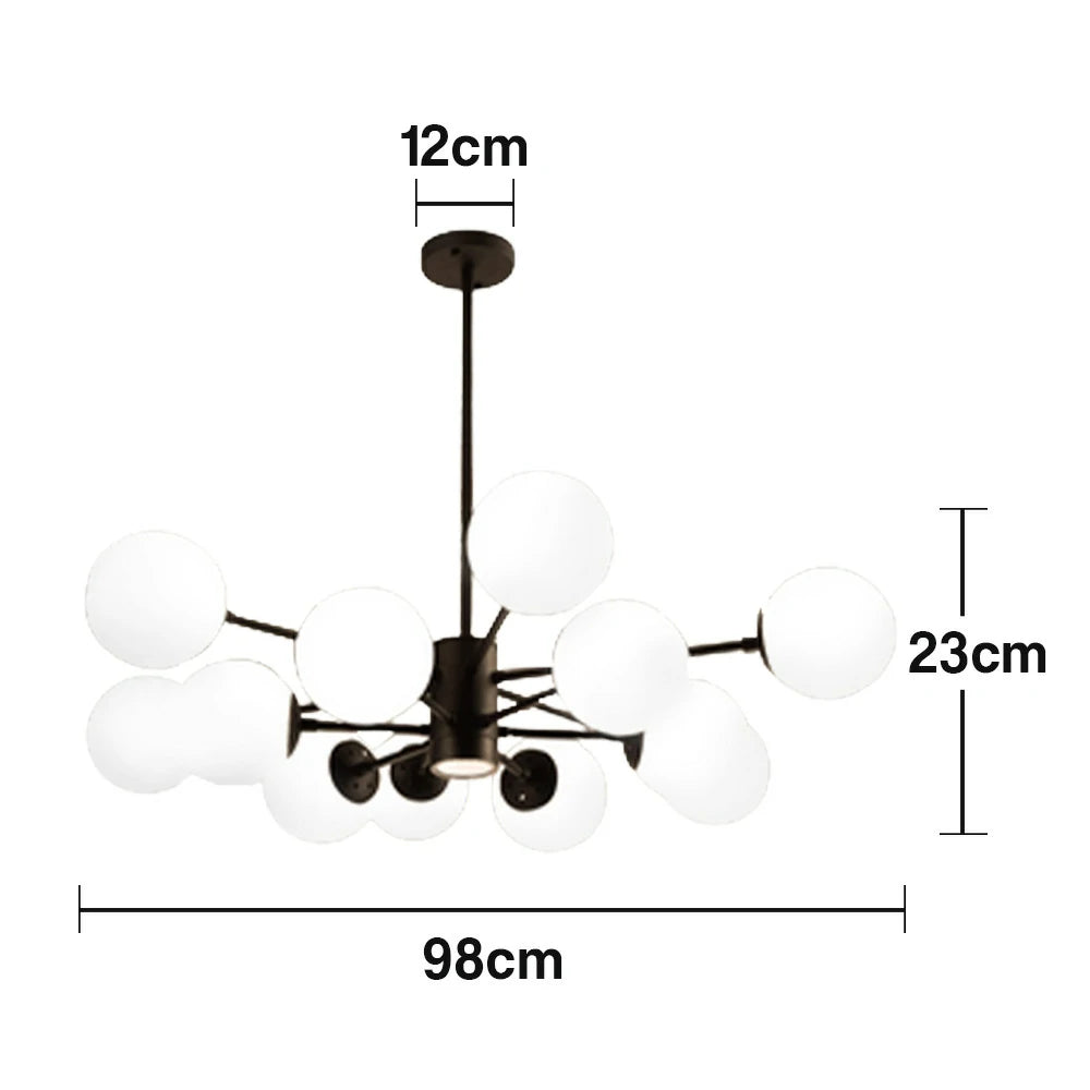 LIVARA 12-Head Black Opal Glass Pendant Light with 5W Tri-Color LED Bulbs Modern Iron & Glass Chandelier Adjustable Rod Design for Living & Dining Room