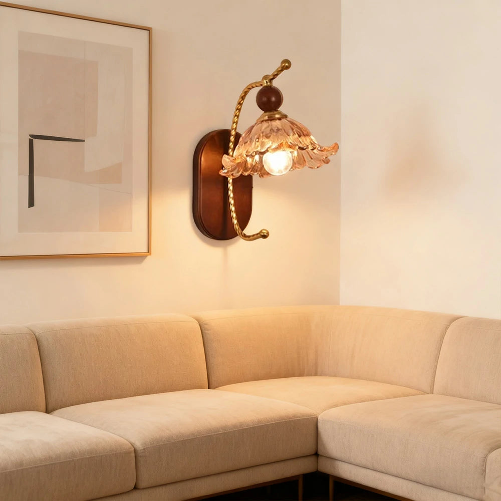 LIVARA 12W Amber Flower Glass Wall Lamp Three-Color Dimmable LED Eye-Protection Light with Solid Wood Base - Vintage Style