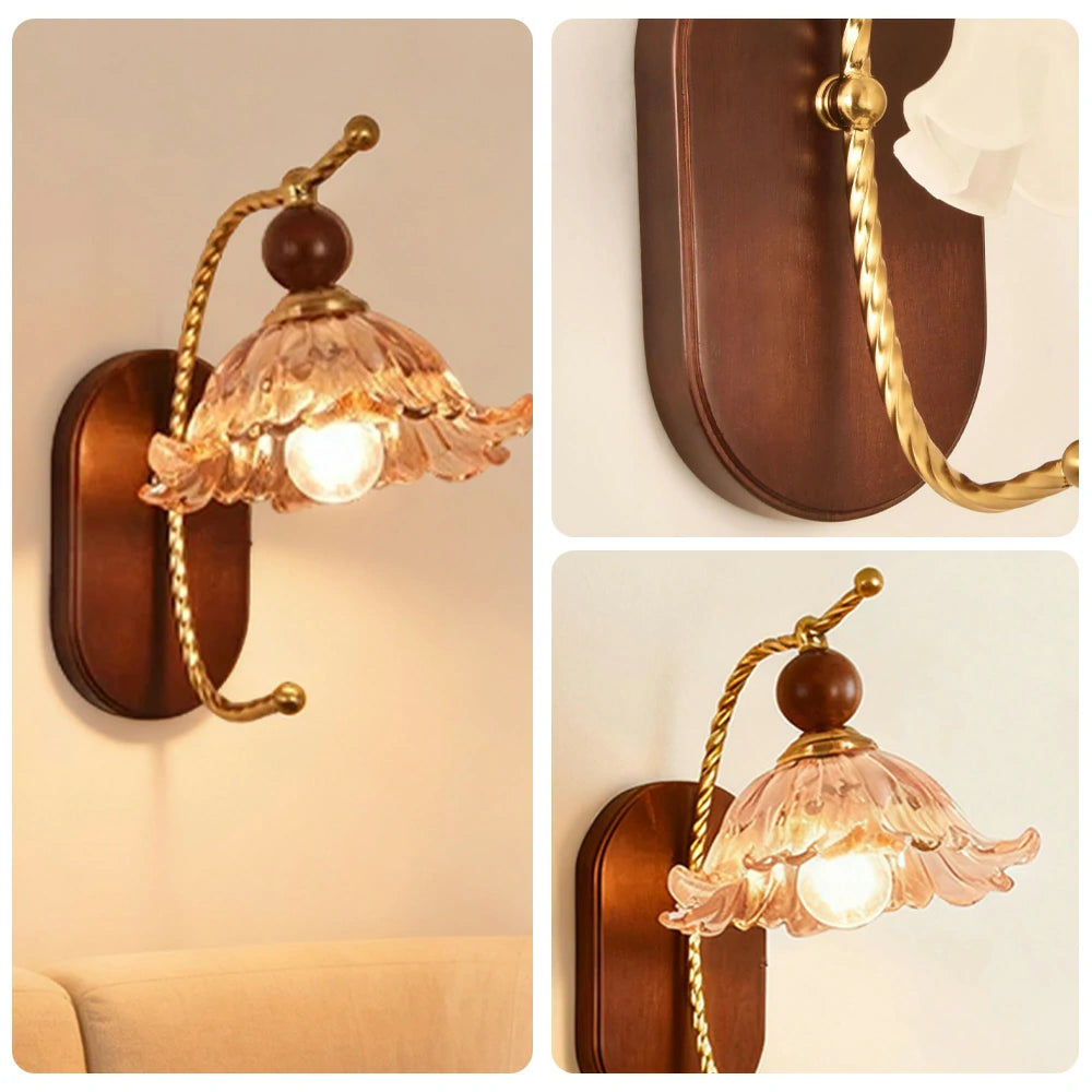 LIVARA 12W Amber Flower Glass Wall Lamp Three-Color Dimmable LED Eye-Protection Light with Solid Wood Base - Vintage Style