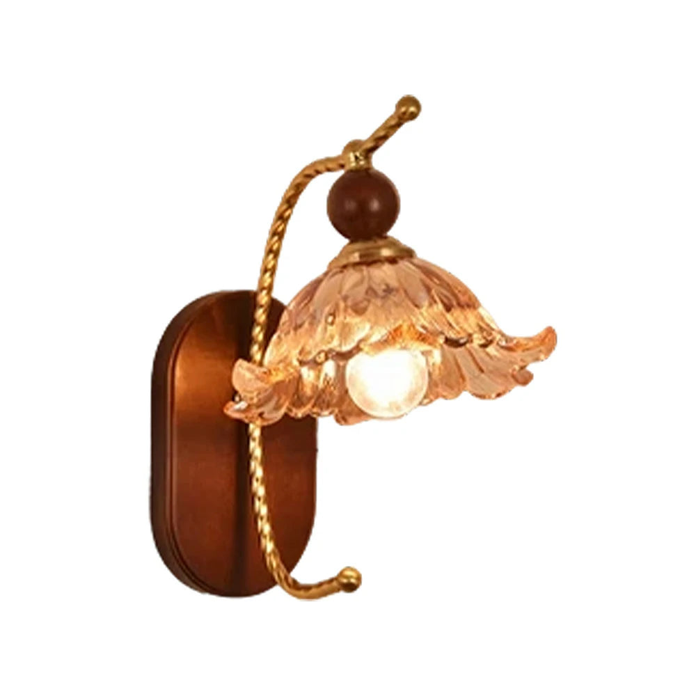 LIVARA 12W Amber Flower Glass Wall Lamp Three-Color Dimmable LED Eye-Protection Light with Solid Wood Base - Vintage Style