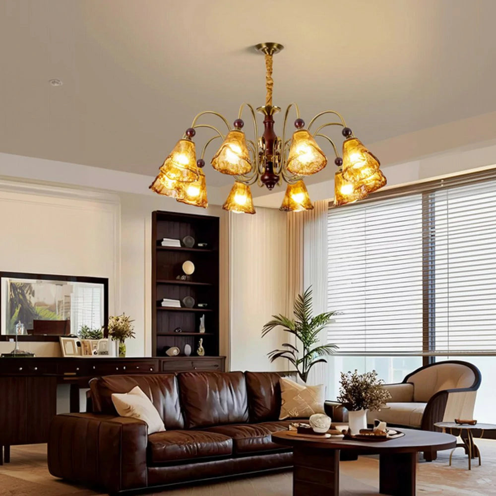 LIVARA 120W 10-Head 90cm Pendant Light Three-Color Dimmable Ceiling Lamp with Amber Glass Shades & Modern Iron Frame - Walnut