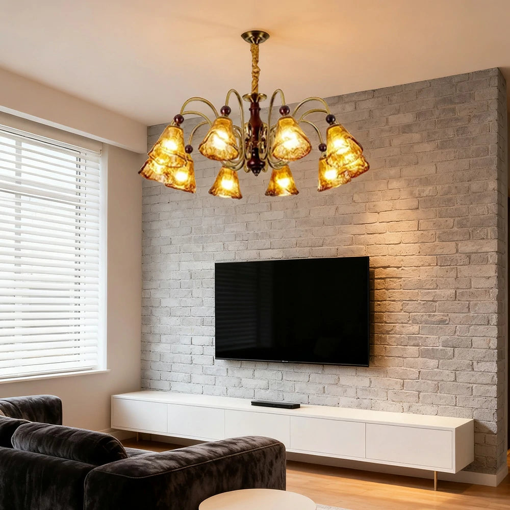 LIVARA 120W 10-Head 90cm Pendant Light Three-Color Dimmable Ceiling Lamp with Amber Glass Shades & Modern Iron Frame - Walnut