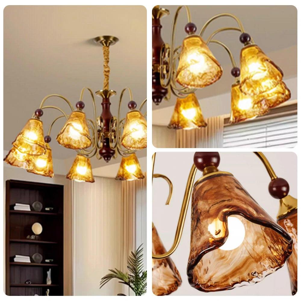 LIVARA 120W 10-Head 90cm Pendant Light Three-Color Dimmable Ceiling Lamp with Amber Glass Shades & Modern Iron Frame - Walnut