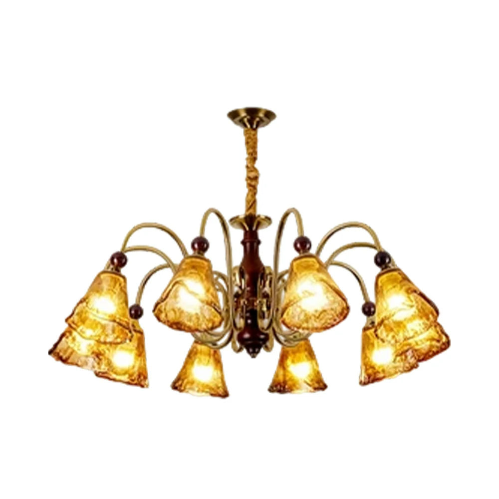 LIVARA 120W 10-Head 90cm Pendant Light Three-Color Dimmable Ceiling Lamp with Amber Glass Shades & Modern Iron Frame - Walnut