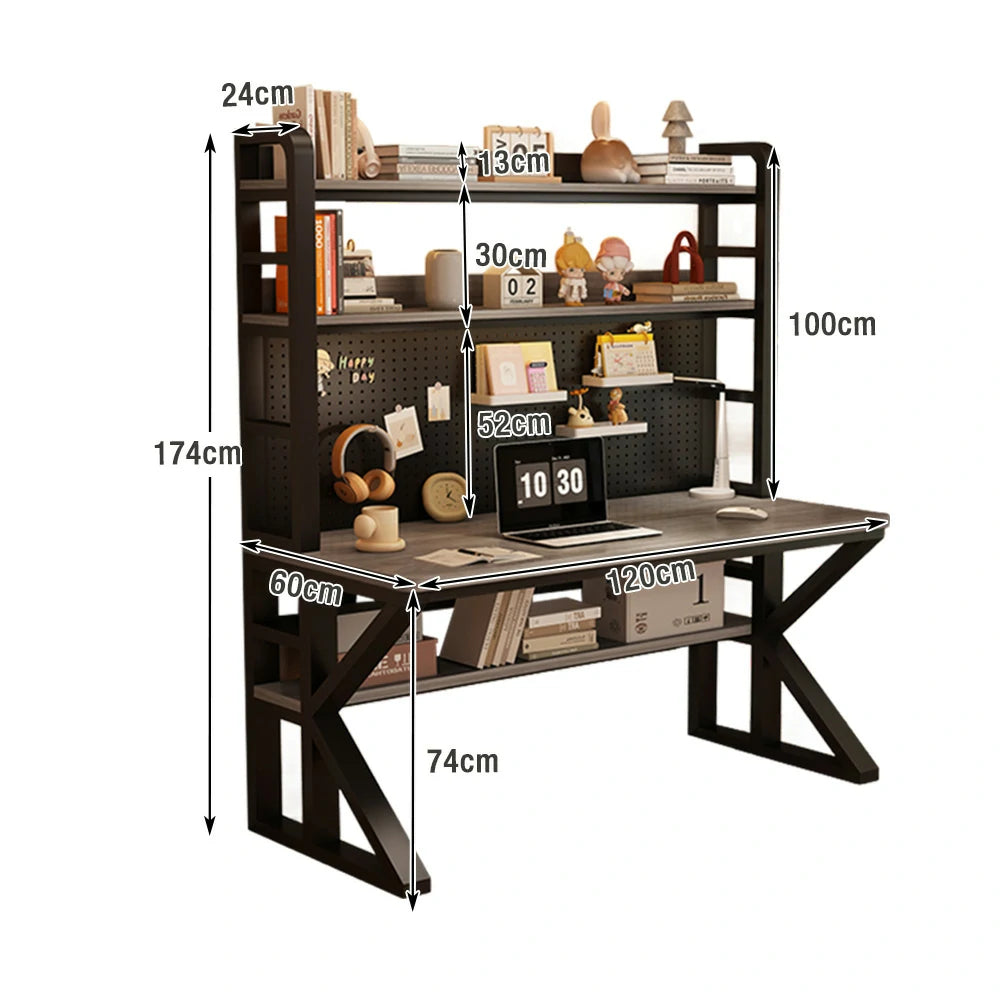 LIVARA Office Desk 100/120/140cm, 2-in-1 Space-Saving Design, Thick Panels, Steel Frame, Pegboard Storage - Black and Grey