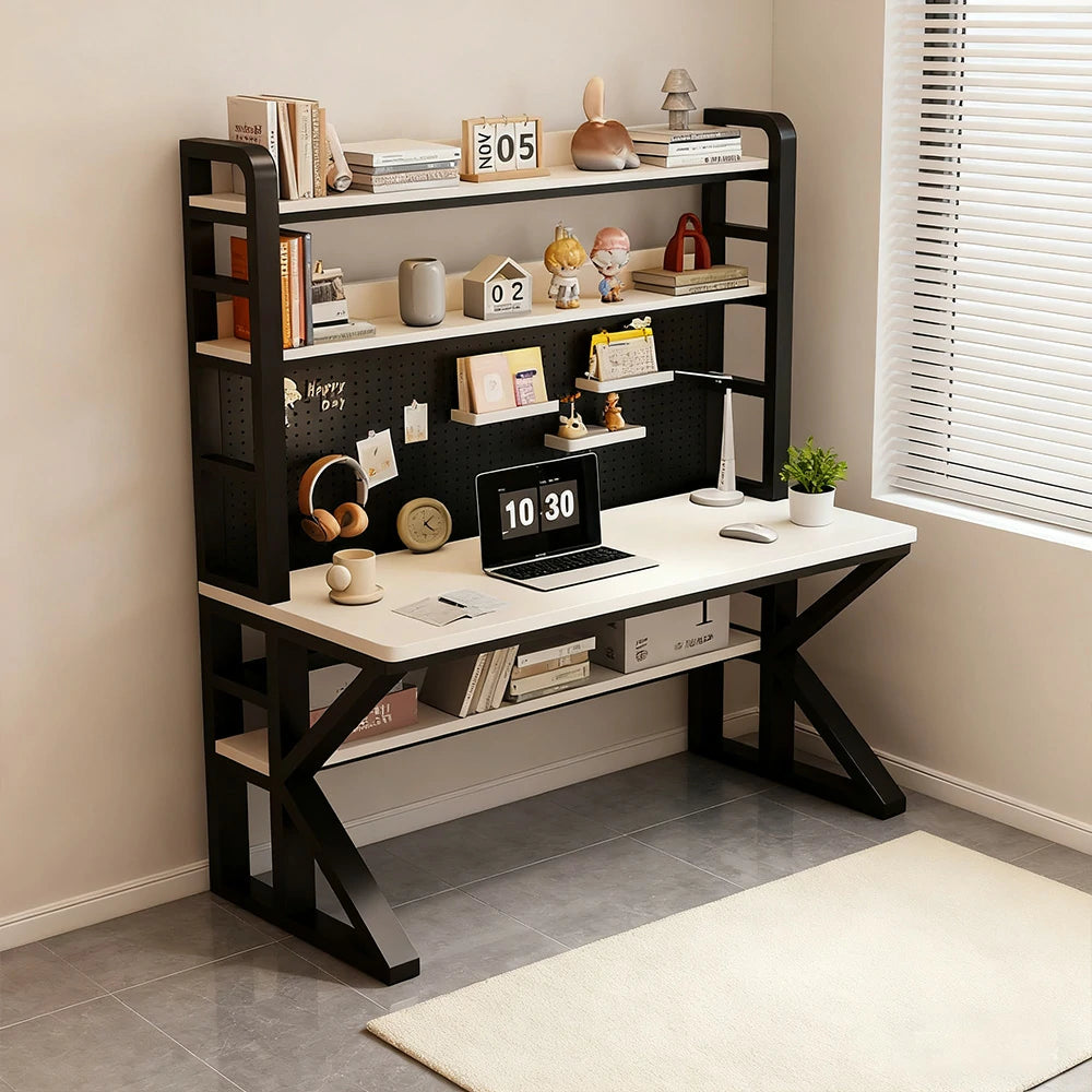 LIVARA Office Desk 100/120/140cm, 2-in-1 Space-Saving Design, Thick Panels, Steel Frame, Pegboard Storage - Black and White