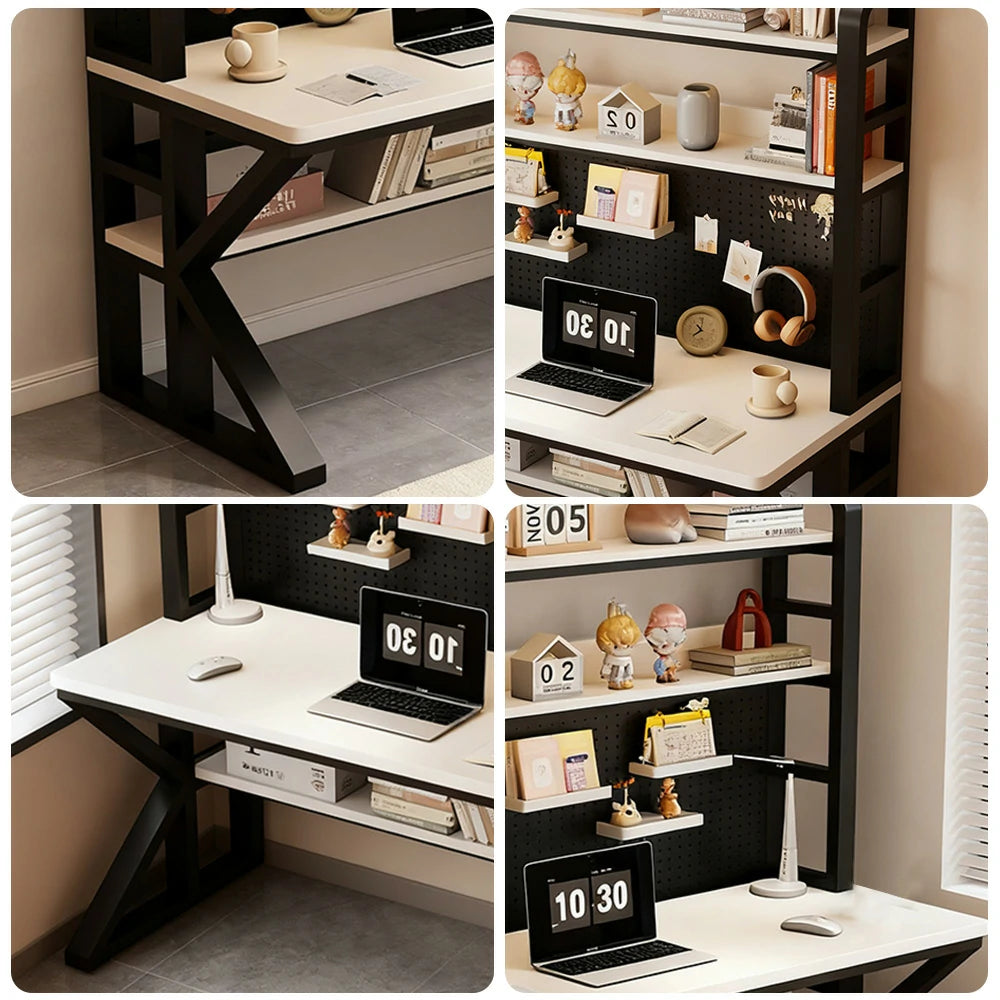 LIVARA Office Desk 100/120/140cm, 2-in-1 Space-Saving Design, Thick Panels, Steel Frame, Pegboard Storage - Black and White