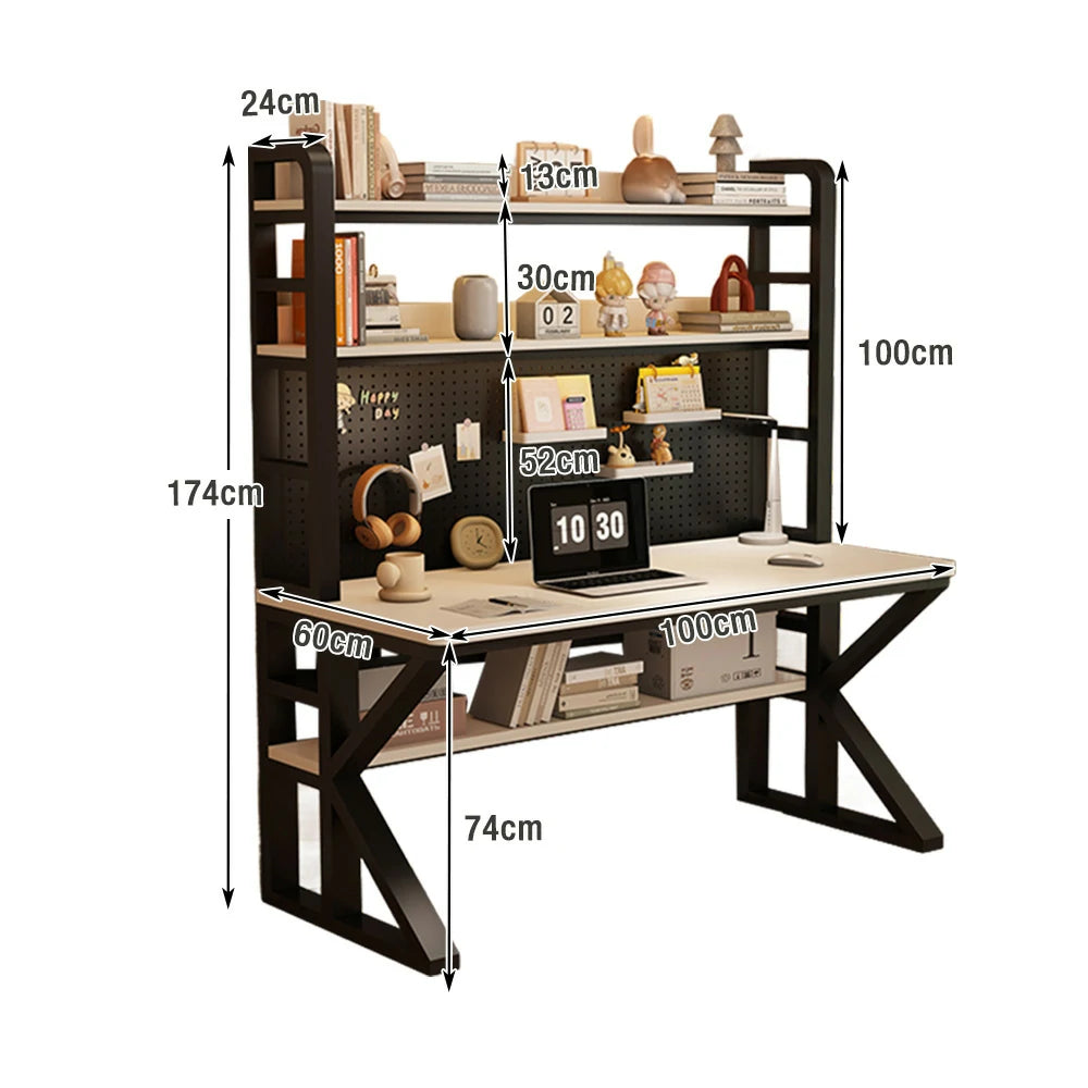 LIVARA Office Desk 100/120/140cm, 2-in-1 Space-Saving Design, Thick Panels, Steel Frame, Pegboard Storage - Black and White