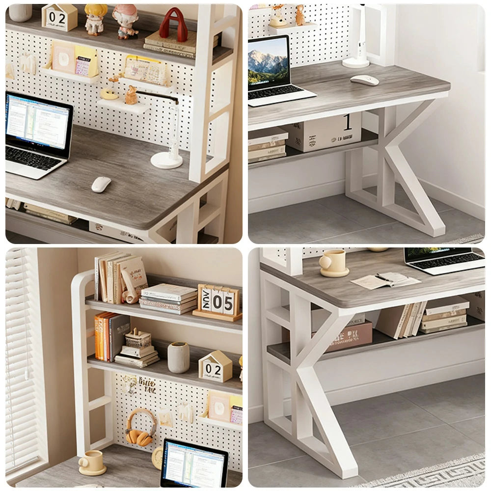 LIVARA Office Desk 100/120/140cm, 2-in-1 Space-Saving Design, Thick Panels, Steel Frame, Pegboard Storage - White and Grey