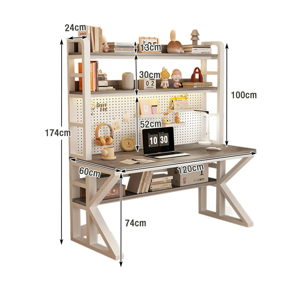 LIVARA Office Desk 100/120/140cm, 2-in-1 Space-Saving Design, Thick Panels, Steel Frame, Pegboard Storage - White and Grey