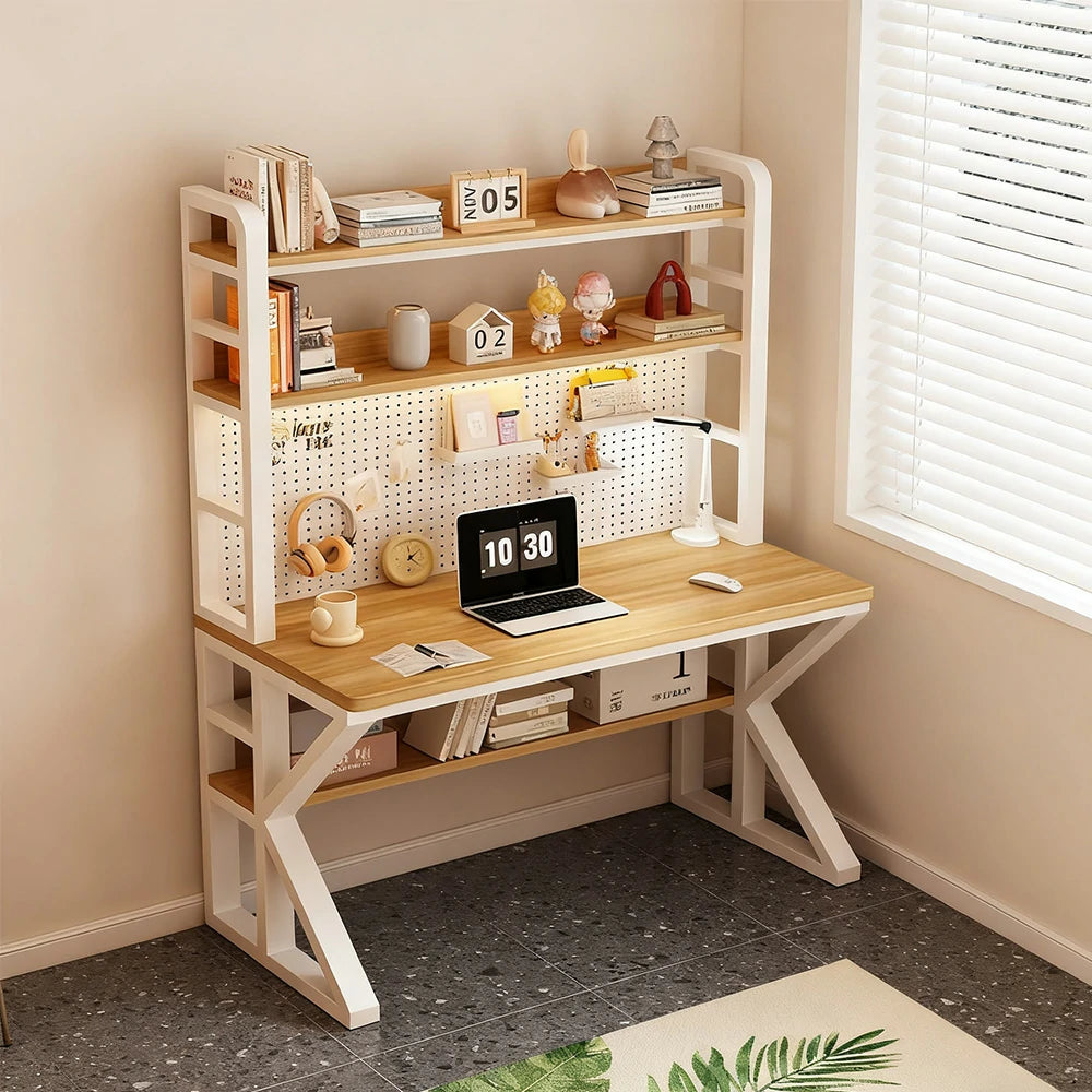 LIVARA Office Desk 100/120/140cm, 2-in-1 Space-Saving Design, Thick Panels, Steel Frame, Pegboard Storage - White and Wood